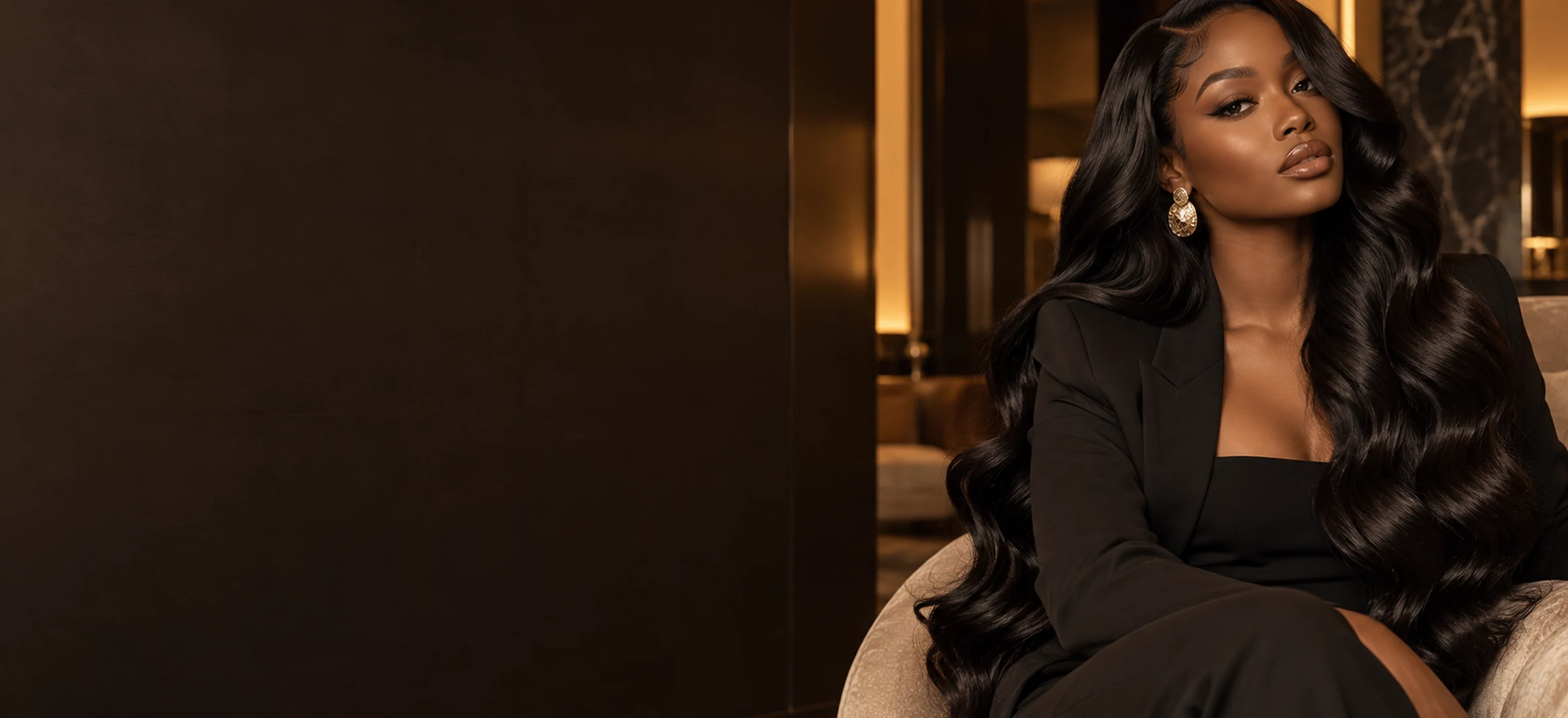 Luxurious black waves on a model in a warmly lit interior