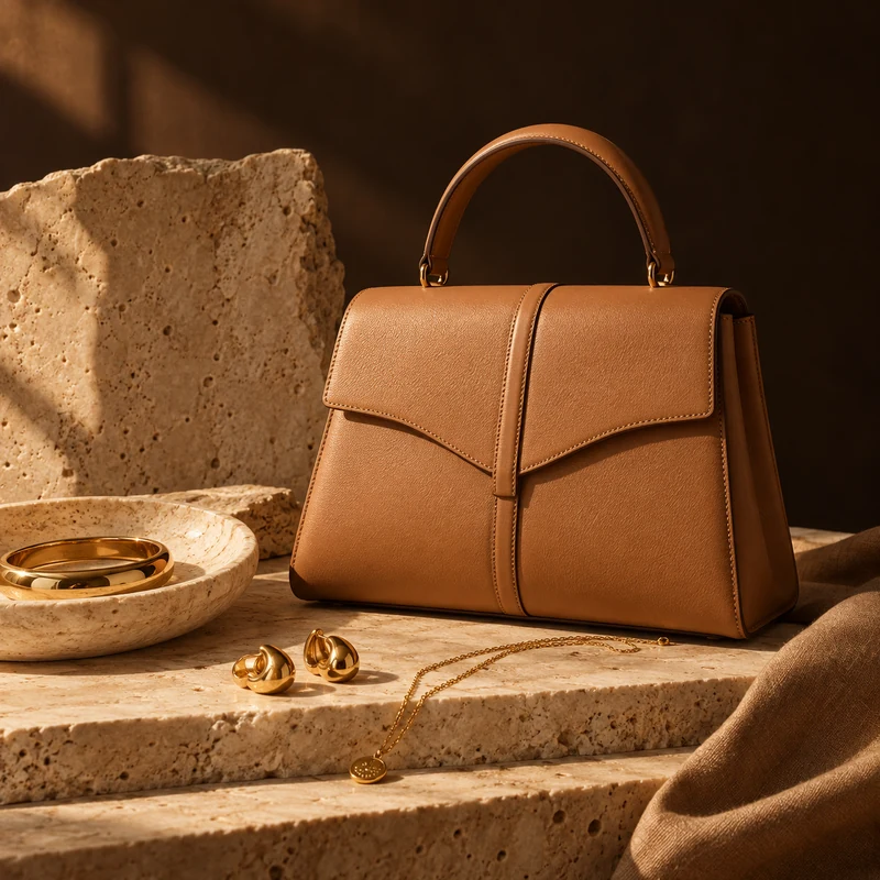 Gold jewelry beside a tan leather handbag